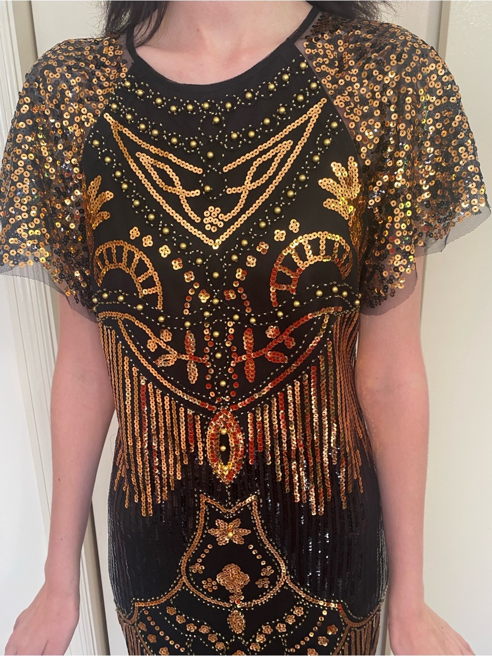 Size Small 1920s Flapper Black & Gold Sequin Fringe Midi Dress party Halloween - Picture 5 of 14